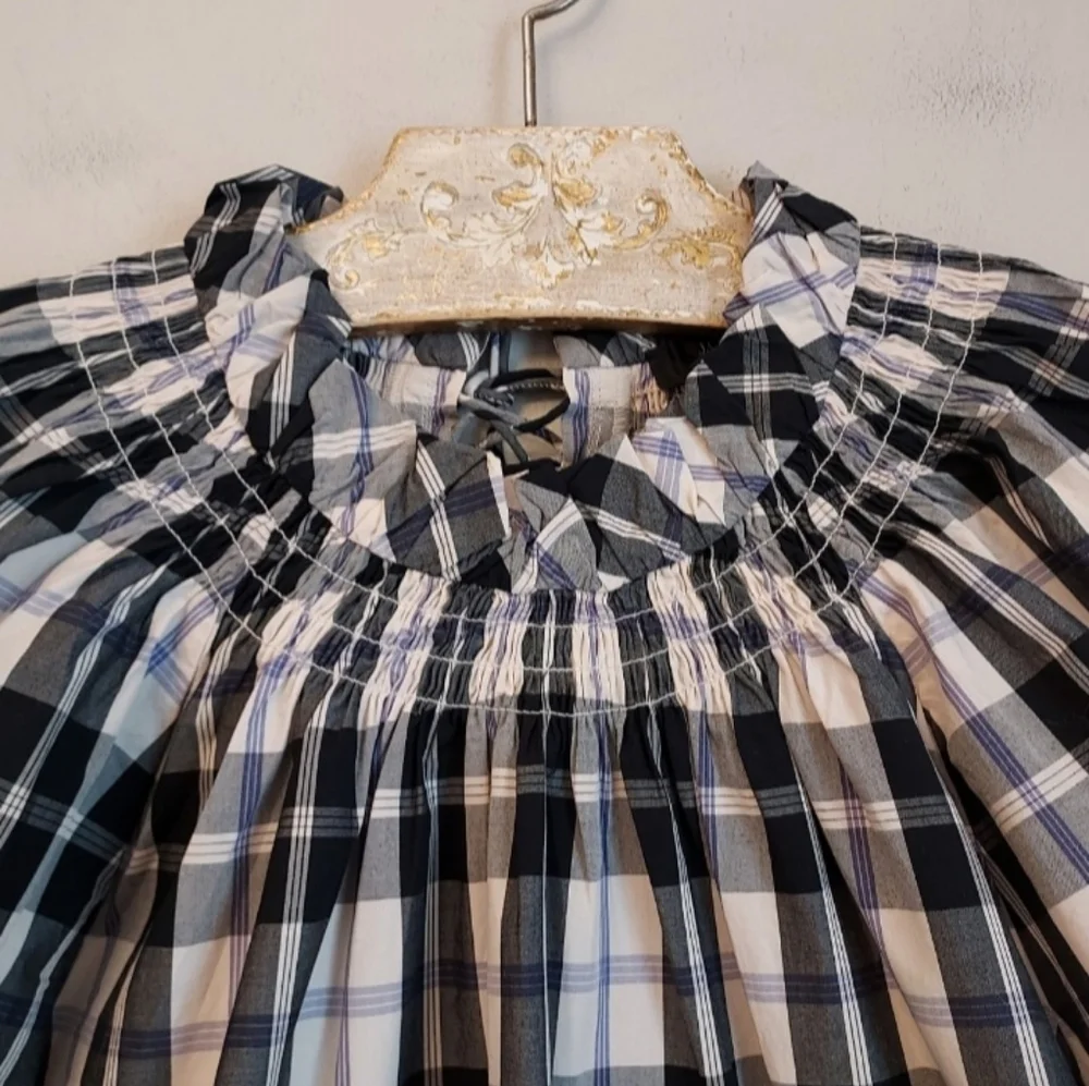 J. Crew Floral Short Puff Sleeve Black Plaid Blouse Size Medium